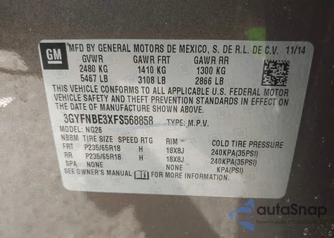 2015 Cadillac Srx Luxury Collection from USA, damaged, VIN 3GYFNBE3XFS568858